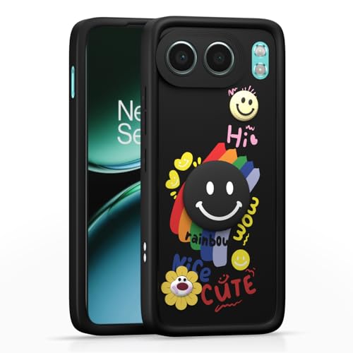 Image of Pikkme Back Cover for OnePlus Nord 4 5G | Soft Silicone| Cute Rainbow Smile & 3D Cartoon Flower Design | Shockproof Raised Camera Protection Bumper Case (Black)