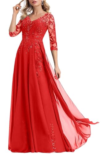 Sequins Lace Mother of The Bride Dresses for Wedding V Neck Pleated Long Chiffon Formal Dress with Applique