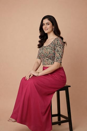 Image of Amazon Brand - Anarva Women's Kalamkari Print Cotton Stretchable Round Neck Readymade Saree Blouse
