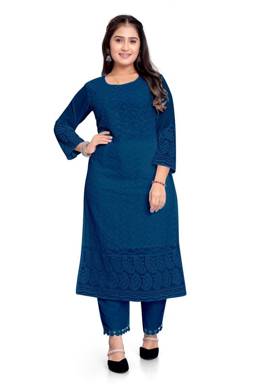 Image of IMPEX Hand Embroidered Chikankari Georgette Kurta for Women | Kurti | 3 /4th Sleeves | Round Neck | Ethnic Kurta | Ideal for Casual Wear, Festive, Wedding & Parties
