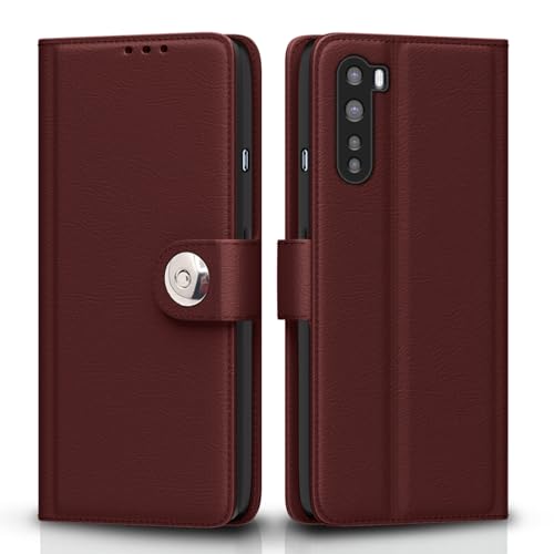 Image of Pikkme Flip Cover Leather Finish | Inside TPU with Card Pockets | Wallet Stand and Shock Proof | Complete Protection Button Flip Case for Oneplus Nord (2020) (Brown)