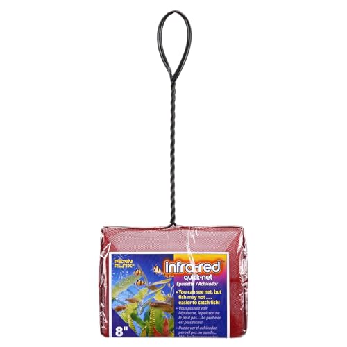 Image of Penn-Plax Infra-Red Quick-Net Aquarium Fish Net - 8 x 6 in Fine Mesh, 10 in Vinyl-Covered Braided Handle - Small Aquarium Cleaning Tool for Gentle Fish Handling - Freshwater & Saltwater Tanks - Red