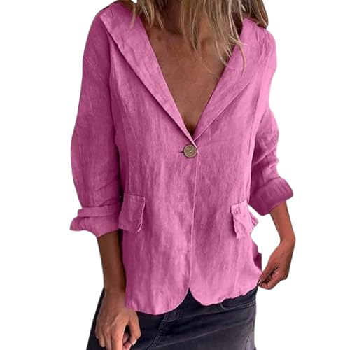 Abrigo Informal De Algodón Y Lino con Solapa Y Un Solo Botón,Chaqueta Holgada De Manga 3/4 para Mujer,Ligera Informal De (Rosa Claro,XL)