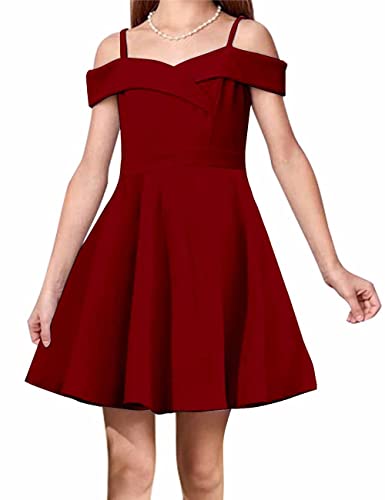 Girls Elegant Princess Cold Shoulder Fold Pleated High Waist Flared A Line Party Dresses,8-14 Years