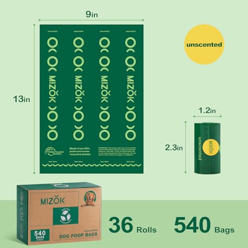 Image of MIZOK Dog Poop Bags Rolls, 540 Count, 65% Recycled Material Poop Bags for Dogs, Leakproof, Extra Thick Durable and Easy Tear-Off, Unscented