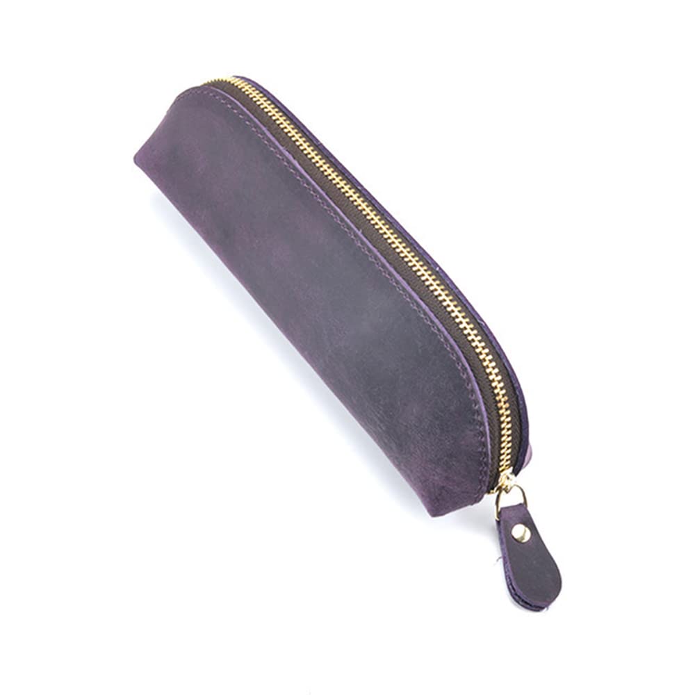 Genuine Leather Pencil Case Stationery Bag Unique Design Zippered Pen Pouch for School Work Office(Purple)