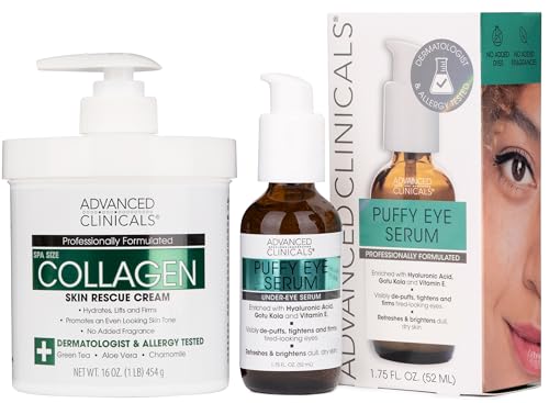 Image of Advanced Clinicals Collagen Cream + Puffy Eye Face Serum 2pc Set | Collagen Body Lotion & Brightening Under Eye Serum | Fragrance Free | Skin Care Products, 2pc Bundle