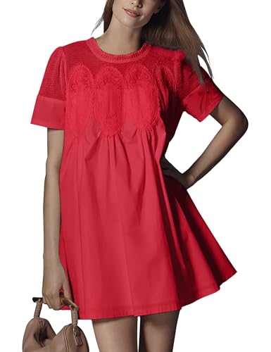 Image of Shiyifa Womens Babydoll Lace Patchwork Dresses Summer Short Sleeve Ruffle Sundress Loose Crew Neck A-Line Dresses