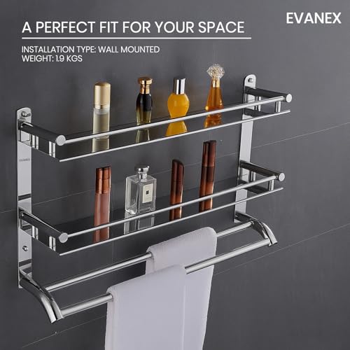 Image of EVANEX 3-Layer Bathroom Shelf 304 Grade Stainless Steel Bathroom Organizer Racks and Shelves | Bathroom Storage Shelf with Towel Bar | Wall Mount Multipurpose Shelf | Bathroom Accessories Set