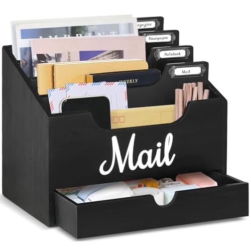 Mail Holder with 4 Large Compartments and Drawer, Wood Mail Holder Sorter Holder,Countertop Desk Office Accessories for File Letter Paper Folder, Drawer Storage