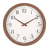 Topkey 12 Inch Silent Wall Clock with Wooden Hour and Minute Hands - Round Wood-Like Frame & White Dial for Home Office Kitchen Decor - Wooden Brown