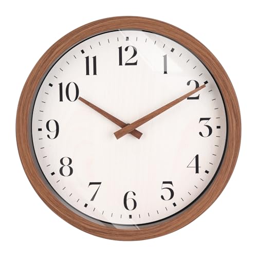 Topkey 12 Inch Silent Wall Clock with Wooden Hour and Minute Hands - Round Wood-Like Frame & White Dial for Home Office Kitchen Decor - Wooden Brown