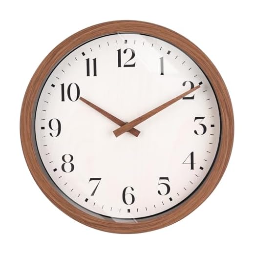 Topkey 12 Inch Silent Wall Clock with Wooden Hour and Minute Hands - Round Wood-Like Frame & White Dial for Home Office Kitchen Decor - Wooden Brown