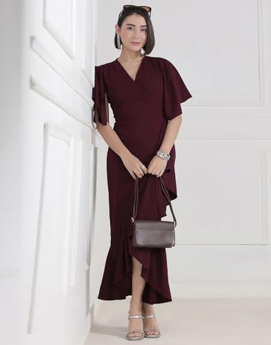 Image of Selvia Wine Flutter Sleeve Bodycon Midi Dress for Women, V-Neck Ruffle Hem Outfit