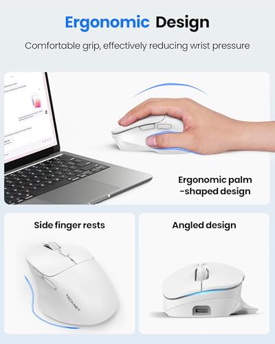 Image of TECKNET Wireless Mouse Bluetooth 5.0 /3.0 & 2.4G Rechargeable, Silent Clicks, Adjustable 4800 DPI, 6 Buttons, Ergonomic Design, Bluetooth Mouse for Laptop, Computer, ipad - White