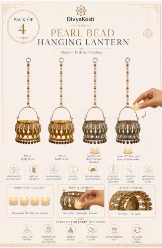 Image of Divyakosh Pack of 4 Festive Hanging LED Decor, Decorative Hang Tea Light Lantern, Temple & Festive Hangings Light, Diwali, Temple, Pooja, Lakshmi Ganpati Decor| 4 LED Lights