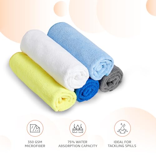 Image of Amazon Basics Microfiber Cleaning Cloth | 350 GSM | Ultra Soft | Super Absorbent | Reusable | Pack of 5 (Multicolor)- 40cm X 40cm