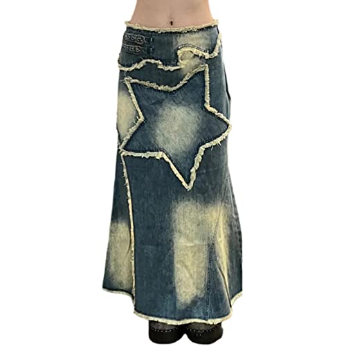 Jupe denim Y2K grunge vintage à taille haute délavée jaune bleu pour look streetwear rétro