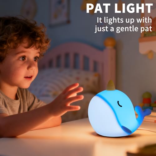 Image of Narwhal Night Light, USB-C Rechargeable Silicone Lamp with Tap Control, 3-Level Dimming & 30-Min Auto Timer, 7-Color Changing Squishy Nursery Light, Birthday Gift for Kids