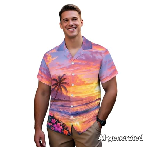Image of Hawaii Matching Couple Outfits Husband and Wife Clothing Fashionable Mens Casual Shirts Hawaii Dress with Soft Fabric