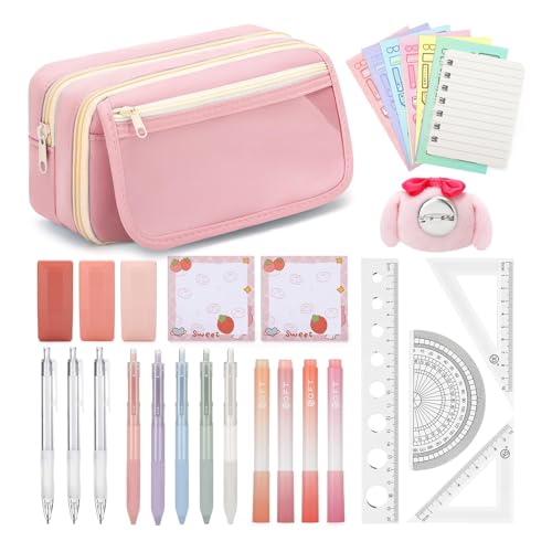 OPPZZIT Estuches Escolares 3 Compartimentos, 30 Piezas Material Escolar Kawaii con 1 Estuche Rosa, 5 Bolígrafos de Gel, 4 Subrayadores, 3 Portaminas, Set de Papelería Bonita para Niñas & Estudiantes