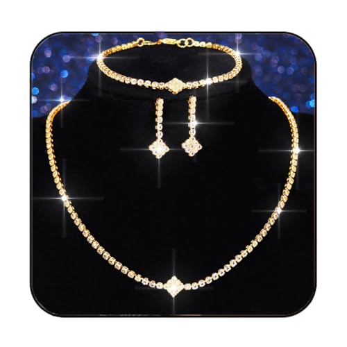 Aukmla Rhinestones Bridal Wedding Jewelry Sets Sparkly Necklace Earrings Bracelet Set Prom Formal Jewelry for Brides and Women