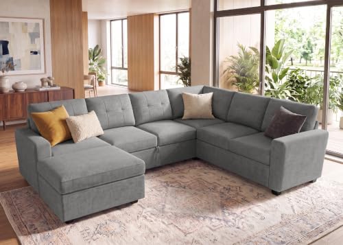 Image of HONBAY Sectional Sleeper Sofa with Pull Out Bed, 7 Seaters 106 Inch U Shaped Setional Couch for Living Room, Grey