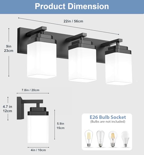 Image of Matte Black Bathroom Light Fixtures, 3 Lights Bathroom Lighting Fixtures Over Mirror, Square Design & Rectangle Large Backplate, Modern Vanity Lighting Fixtures, for Living Room /Bedroom