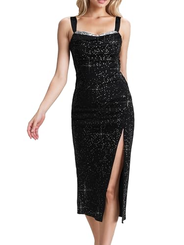 Ever-Pretty Women's Sparkly Glitter Side Slit Ruched Midi Formal Evening Dress with Lace-Up Back 02395