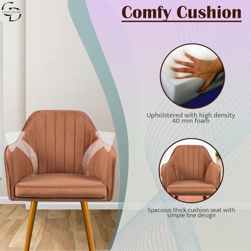 Image of Velvet Accent Chair | Luxury Upholstered Armchair with Sturdy Metal Legs | Modern Comfortable Chair for Living Room, Bedroom, Office, or Cafe (Golden Legs, Light Brown 2pc)