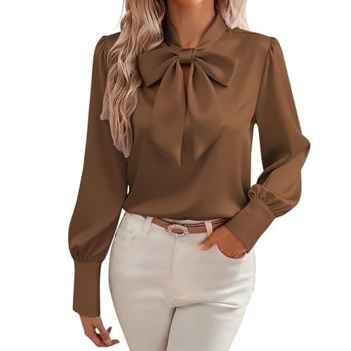 Satin Blouse for Women Bow Tie Neck Ladies Shirts Elegant Vintage Long Sleeve Shirts Ladies Going Out Casual Smart Business Work Office Tops Casual Loose Solid Color Top Coffee