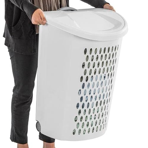 Sterilite Plastic Laundry Hamper With Lid And Wheels - Portable Tall White Rolling Laundry Basket With Wheels And Handle For Bedroom, Bathroom, And Dirty Clothes Hamper, Wholesalehome Cloth Included #TOP5