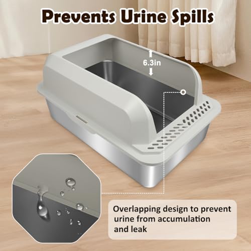 Vivifying Stainless Steel Litter Box, XL Cat Litter Box with Lid, Non-Stick and Anti-Leakage Extra Large High Sided Metal Litter Pan for All Cats, Easy Cleaning & Odor-Free Design (Light Gray) - Thumbnail 7