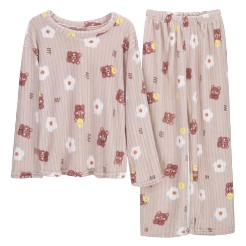 Generisch Pyjama Femme Couleur Unie Ours en Peluche Jacquard Flanelle Costume Chaud Hiver Épais Vêtements de Maison, kaki, taille unique