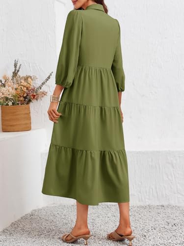 Image of Wenrine Womens Casual 3 /4 Sleeve Shirt Dress Button Down V Neck Tiered Collared Flowy Maxi Dress