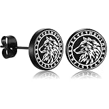 Gothic Wolf Stud Earring for Men Women Viking Rune Black Punk Fashion Piercing Tragus Ear Studs Stainless Steel Retro Jewelry Hip Hop Style Gift for Hypoallergenic Sensitive Ear for Boyfriend