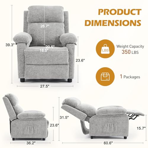 Image of Korser Recliner Chair, Living Room Chairs for Adults, Padded Deep Seat Reading Chair with Side Pockets, Small Recliners for Small Spaces, Lounge Chair for Living Room, Bedroom, and RV (Chenille)