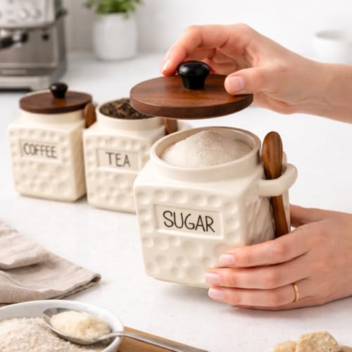 Image of The Deluxe Creations Ceramic Tea Coffee Sugar Jars Set with Wooden Lid & Spoon | Premium Kitchen Storage Canisters | Airtight Containers for Tea Coffee Sugar | 500 ML Each | Set of 3