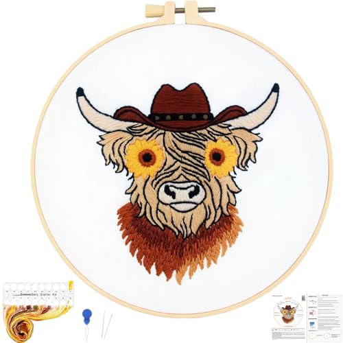 Image of Highland Cow Embroidery Kits for Beginners Adults, Animal Hand Embroidery Starters Kits, Stamped Cross Stitch Kits DIY Needlepoint Kits for Beginners Adults, Embroidery Hoop, Thread and Video Tutorial