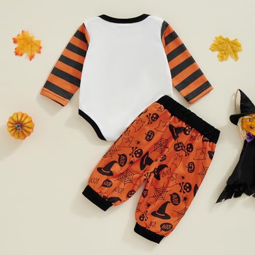 Newborn Baby Boy Halloween Outfit Clothes Pumpkin Print Long Sleeve Romper Elastic Waist Pants Set3