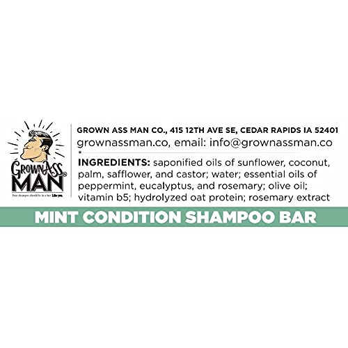 Grown Ass Man Co. - Solid Shampoo Bar Rich Lather 3 In 1: Hair, Beard & Body Wash - Plastic Free & Eco-Friendly, Natural & Organic Clean For All Hair Types, 4Oz Bar (Mint Condition, Single) #TOP1
