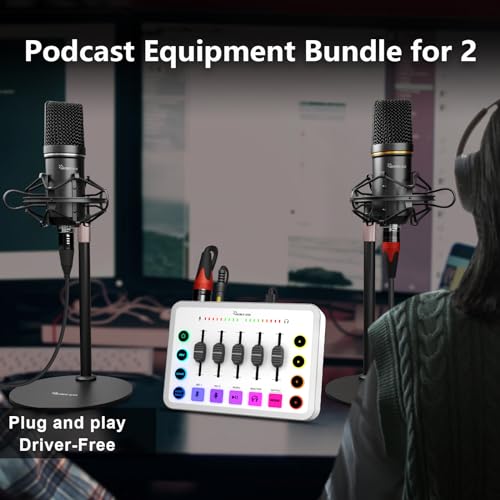 Image of Podcast Equipment Bundle for 2, Streaming Audio Interface with 5 Channel, XLR Microphone Interface, RGB,48V Phantom Power, Perfect for Game,Podcast,Record,TikTok-White (H1)