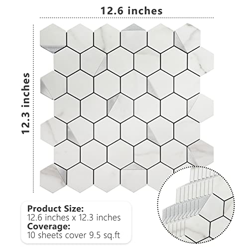 Stickgoo Peel And Stick Backsplash For Kitchen, Self-Adhesive Tile Hexagon Mosaic Tiles (1 Sheet, White Marble With Metal Silver ) #TOP5
