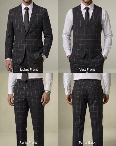 Image of YND Men's 3 Piece Suit with Tie, Solid Color Slim Fit Jacket Vest and Pants