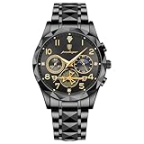 W WOLF-CUB watchLuxury - Orologio da polso da uomo, cronografo, impermeabile, luminoso, in acciaio inox, sportivo, al quarzo, Nero, affari, fase lunare