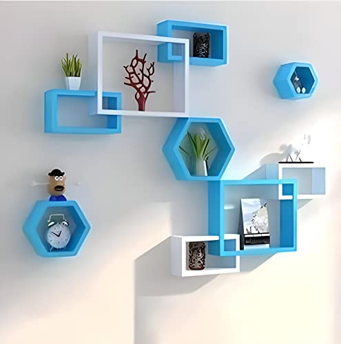 Image of Wooden handicrafts Wooden Stylish Wall Rack Shelves Set of Wall Shelves MDF -Medium Density Fiber Home Decoration Wall Decor (Blue White, Hexa Interlock)