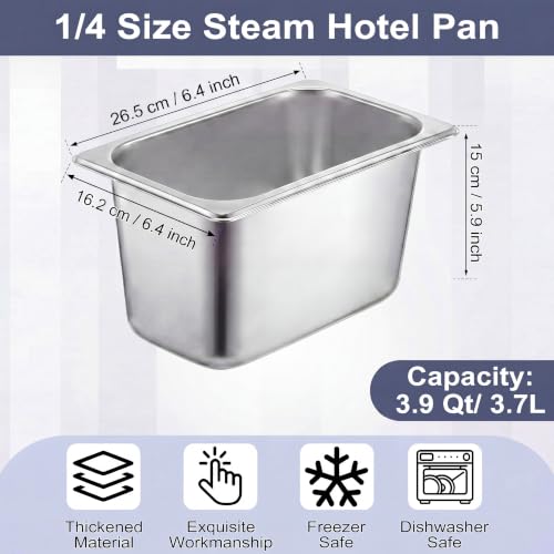 Image of Thenshop 10 Pack 1 /4 Size 6 Inch Deep Hotel Pans Stainless Steel Steam Table Food Pan Commercial Metal Food Catering Tray Anti Jam for Hotel Restaurant Buffet Party Supplies(Standard)