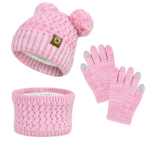 Image of Kids Winter Hat Gloves Scarf Set,Toddler Girls Winter Hat Kids Beanie with Pom Neck Warmer Gaiter Mittens Fleece Lined Set