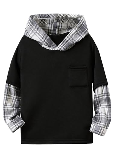 Verdusa Boy's 2 in 1 Hooded Sweatshirt Top Plaid Print Front Pocket Drop Shoulder Hoodie