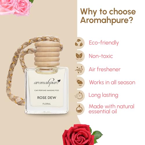 Image of Aromahpure Premium Car Perfume Hanging Pod |10 ML |Bulgarian Rose Car Air Freshener |Natural Fragrance Oils in Glass Bottle with Wooden Diffuser Lid |Last Upto 30 Days Pack of 3, IFRA Certified
